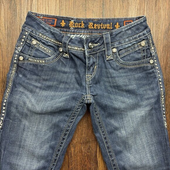 ROCK REVIVAL Buckle GWEN Boot Crystal Flap Jeans Dark Wash Women’s Size 26 - Picture 3 of 14